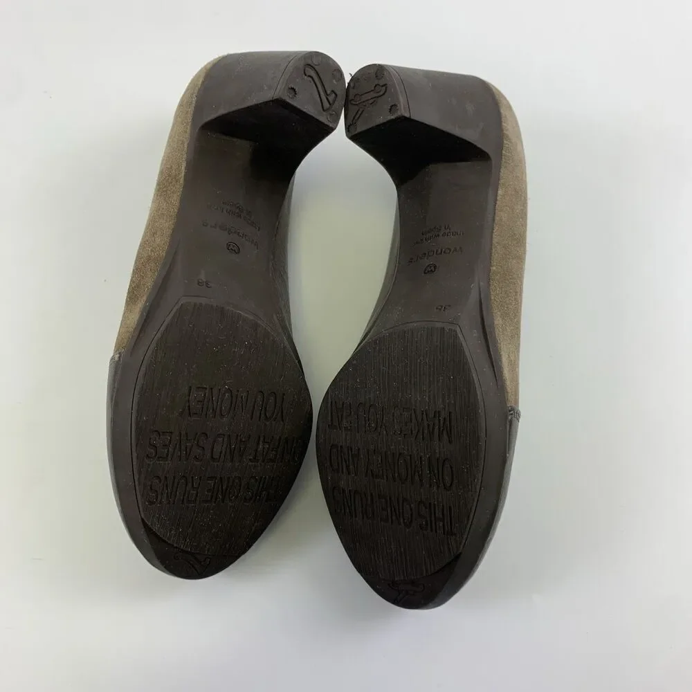 Wonders Leather Pump Slip On Brown Tan Suede Round Toe Block Heel Womens 38 7.5